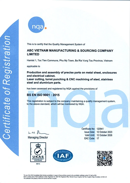 ABC Vietnam's ISO 9001:2015 quality control certification