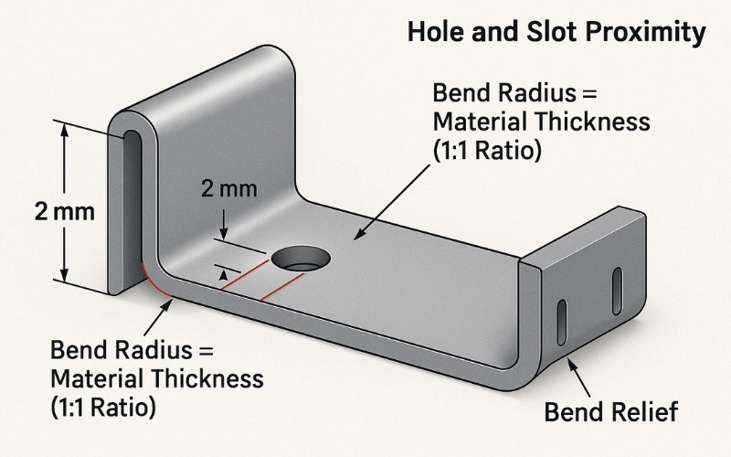 technical illustration of sheet metal bending design showing proper bend radius, hole and slot proximity, and bend relief for a 2mm-thick sheet