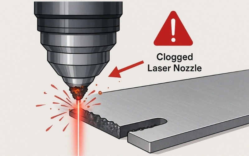 clogged nozzle causing poor laser cutting quality