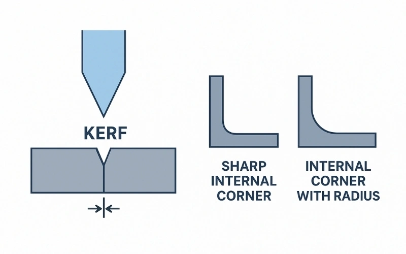 the concept of kerf in laser cutting aluminum, comparing a sharp internal corner with one that has a rounded radius