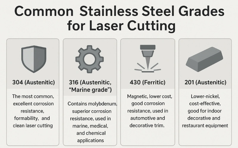 infographic of stainless steel grades (304, 316, 430, 201) for laser cutting