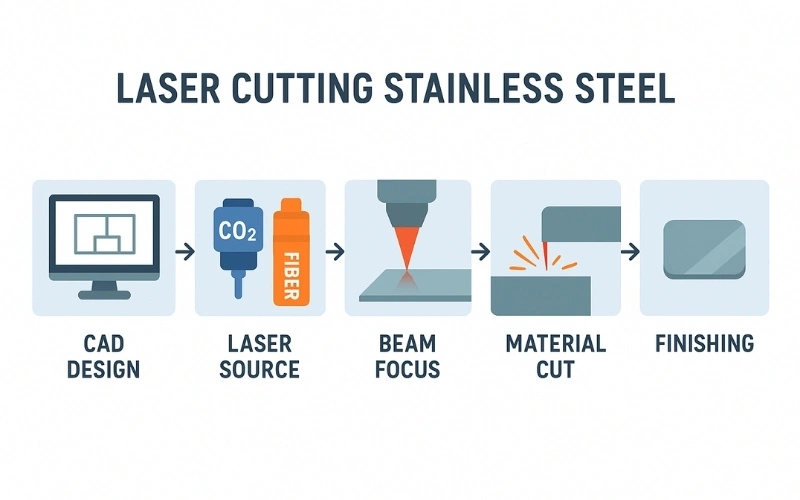 a step-by-step process of laser cutting stainless steel