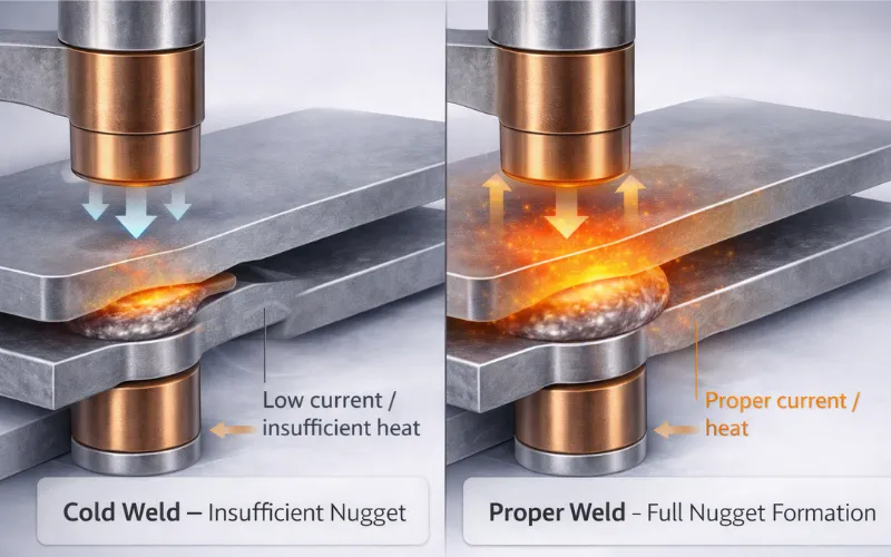 spot welding defect cold weld vs proper weld showing insufficient nugget and full nugget formation