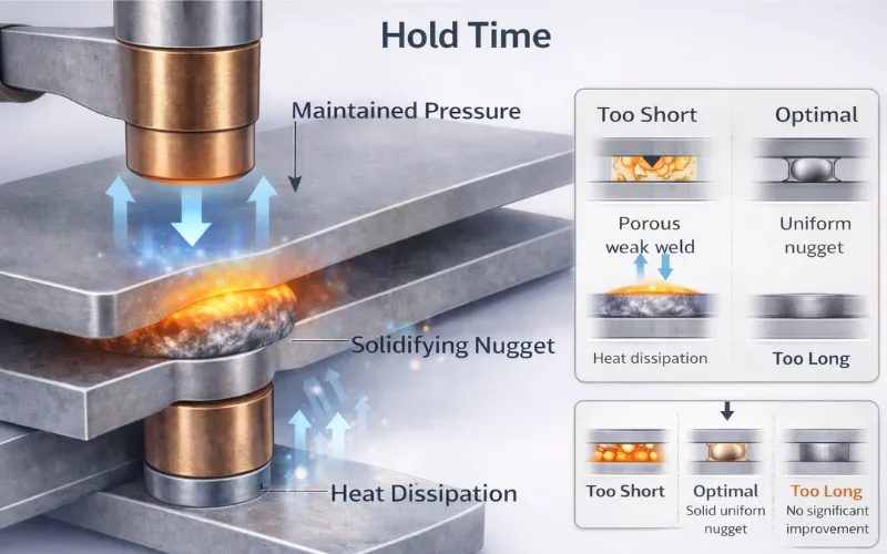 hold time in spot welding showing electrode pressure and weld nugget solidification process